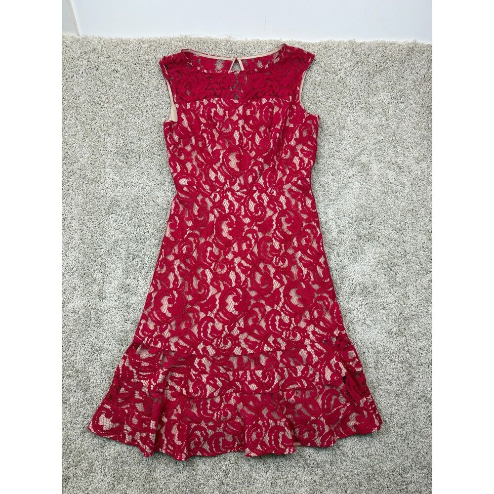 Adrianna Papell Womens S Red Nude Lace Fit Flare Midi Cocktail Dress Sleeveless